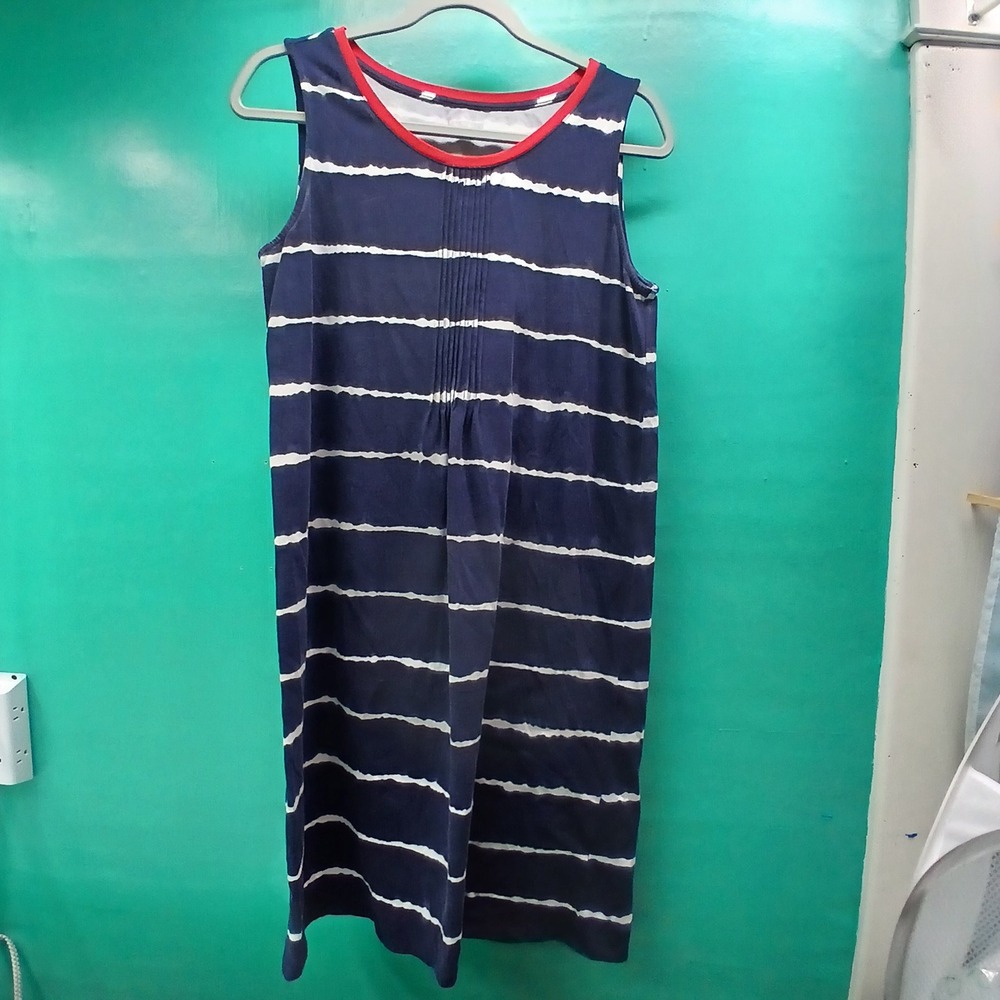 Lands End Sleeveless Shift Dress L Navy Blue Striped Pintuck Nautical Summer